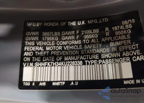 2019 Honda Civic Lx z USA, uszkodzony, nr VIN SHHFK7H34KU228338